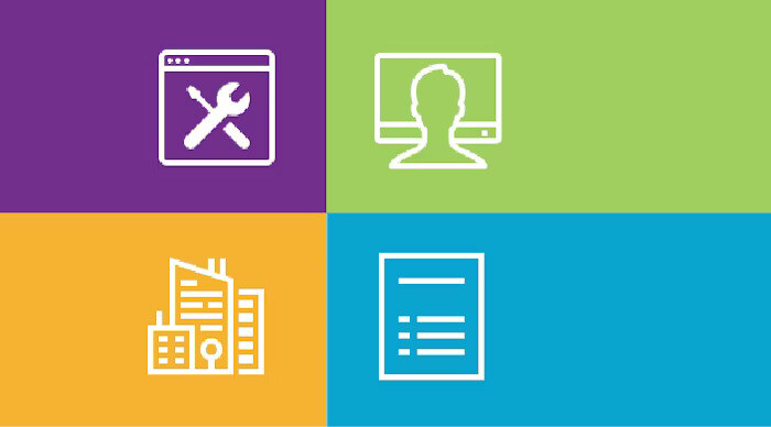 A colorful infographic divided into four sections, each featuring an icon representing technology, user interface, buildings, and documentation.